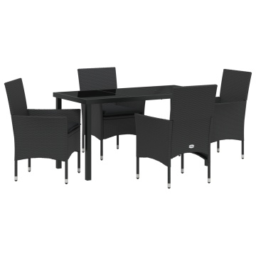 Set mese grădină 5 piese cu perne poliratan negru, Masă neagră 140x80x73 cm din sticlă securizată - Img 2