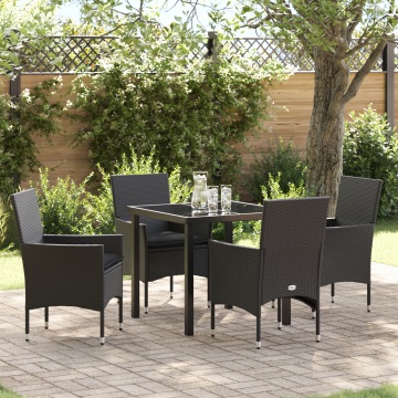 Set mese grădină 5 piese cu perne rattan sintetic negru, Masă grădină neagră 80x80x73 cm cu sticlă securizată - Img 1