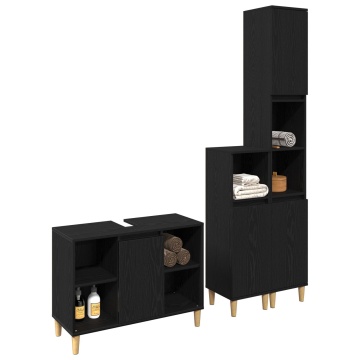 Set mobilier baie 3 piese stejar negru lemn prelucrat, Dulap baie stejar negru 30x30x190 cm lemn prelucrat, Dulap baie stejar negru 30x30x100 cm lemn prelucrat - Img 3