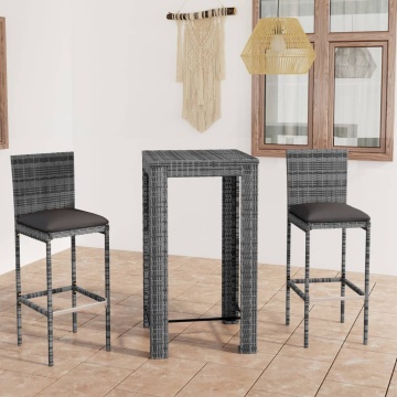 Set mobilier bar de exterior cu perne, 3 piese, gri, poliratan - Img 1