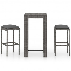 Set mobilier bar de grădină, cu perne, 3 piese, gri, poliratan - Img 1