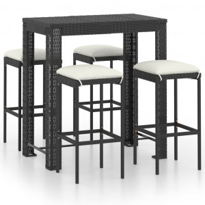 Set mobilier bar de grădină cu perne, 5 piese, negru, poliratan - Img 1