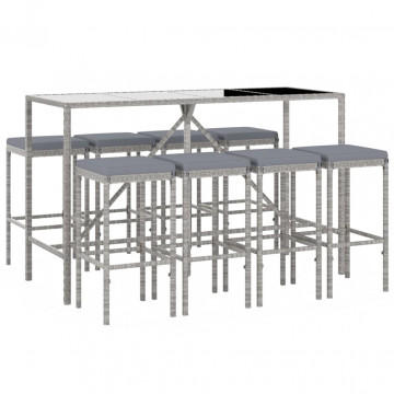 Set mobilier bar de grădină, cu perne, 9 piese, gri, poliratan - Img 3