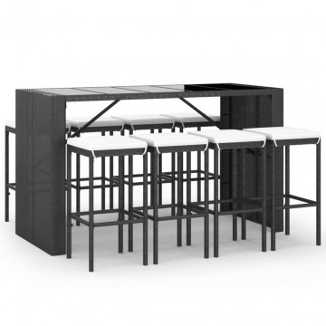Set mobilier bar de grădină cu perne, 9 piese, negru, poliratan - Img 2