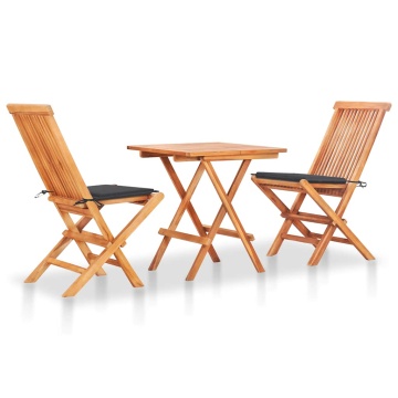 Set mobilier bistro cu perne antracit, 3 piese, lemn masiv tec - Img 1