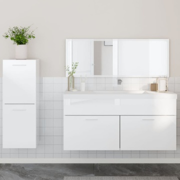 Set mobilier de baie, 3 piese, alb extralucios, lemn compozit - Img 1