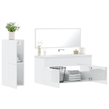 Set mobilier de baie, 3 piese, alb extralucios, lemn compozit - Img 4