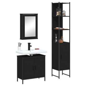 Set mobilier de baie, 3 piese, negru, lemn compozit - Img 1