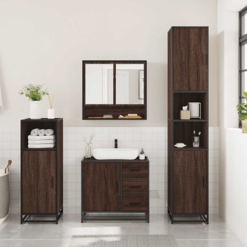 Set mobilier de baie, 3 piese, stejar maro, lemn prelucrat - Img 3