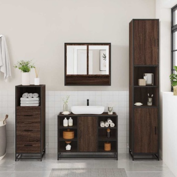 Set mobilier de baie, 3 piese, stejar maro, lemn prelucrat - Img 4