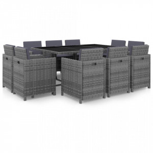 Set mobilier de exterior cu perne, 11 piese, gri, poliratan - Img 1