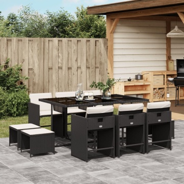 Set mobilier de exterior cu perne, 11 piese, negru, poliratan - Img 1