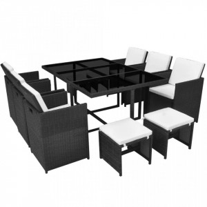 Set mobilier de exterior cu perne, 11 piese, negru, poliratan - Img 2