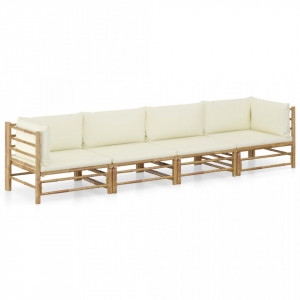 Set mobilier de grădină, 4 piese, perne alb crem, bambus - Img 1