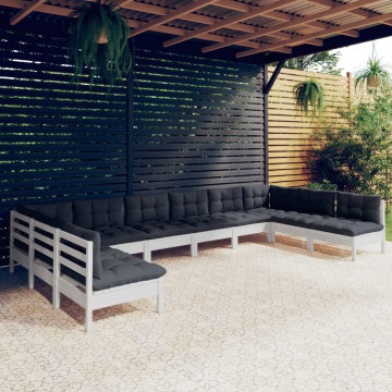 Set mobilier de grădină cu perne, 10 piese, alb lemn masiv pin - Img 1