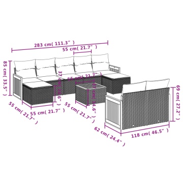 Set mobilier de grădină cu perne, 10 piese, gri, poliratan - Img 3