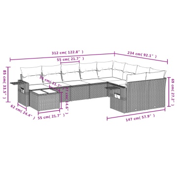 Set mobilier de grădină cu perne, 10 piese, gri, poliratan - Img 7