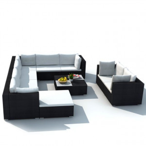 Set mobilier de grădină cu perne, 10 piese, negru, poliratan - Img 7