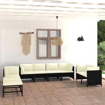Set mobilier de grădină cu perne, 10 piese, negru, poliratan - Img 1