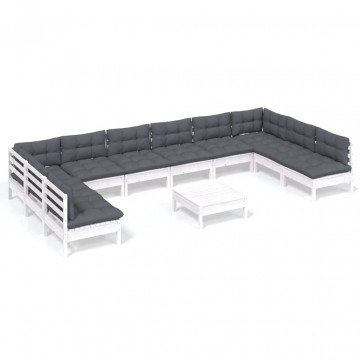Set mobilier de grădină cu perne, 11 piese, alb lemn masiv pin - Img 2