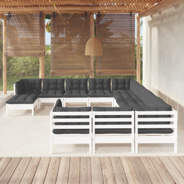 Set mobilier de grădină cu perne, 12 piese, alb, lemn de pin - Img 1