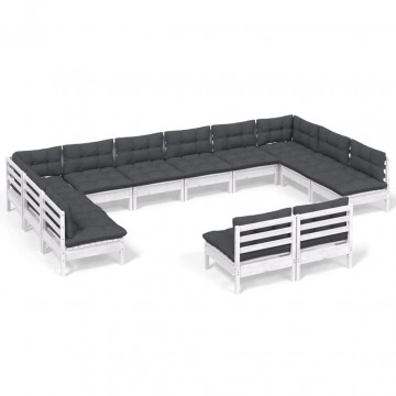 Set mobilier de grădină cu perne, 12 piese, alb, lemn masiv pin - Img 2