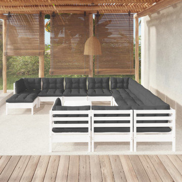 Set mobilier de grădină cu perne, 13 piese, alb, lemn de pin - Img 1