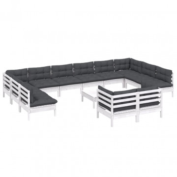Set mobilier de grădină cu perne, 13 piese, alb, lemn de pin - Img 3