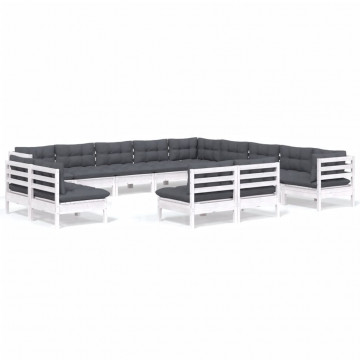 Set mobilier de grădină cu perne, 13 piese, alb, lemn masiv pin - Img 2