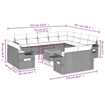 Set mobilier de grădină cu perne, 13 piese, gri, poliratan - Img 3