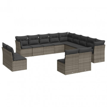 Set mobilier de grădină cu perne, 13 piese, gri, poliratan - Img 2