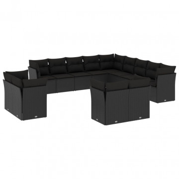 Set mobilier de grădină cu perne, 13 piese, negru, poliratan - Img 2