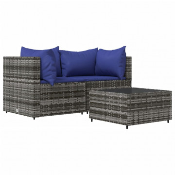 Set mobilier de grădină cu perne, 3 piese, gri, poliratan - Img 2