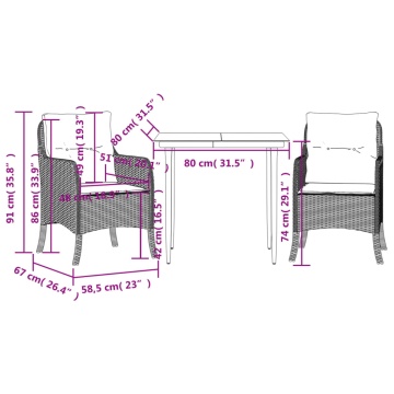 Set mobilier de grădină cu perne, 3 piese, maro, poliratan - Img 6