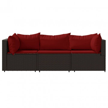 Set mobilier de grădină cu perne, 3 piese, maro, poliratan - Img 3