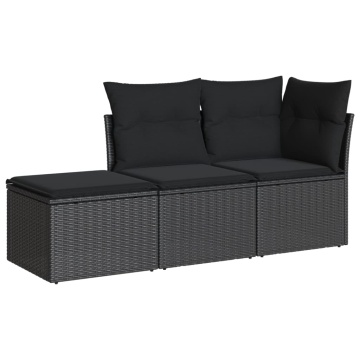 Set mobilier de grădină cu perne, 3 piese, negru, poliratan - Img 2