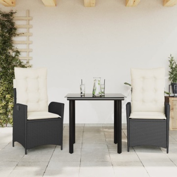Set mobilier de grădină cu perne, 3 piese, negru, poliratan - Img 1