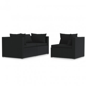 Set mobilier de grădină cu perne, 3 piese, negru, poliratan - Img 2