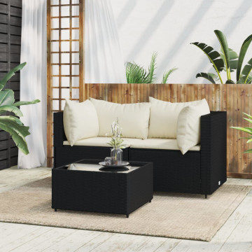 Set mobilier de grădină cu perne, 3 piese, negru, poliratan - Img 1