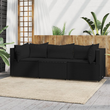 Set mobilier de grădină cu perne, 3 piese, negru, poliratan - Img 1