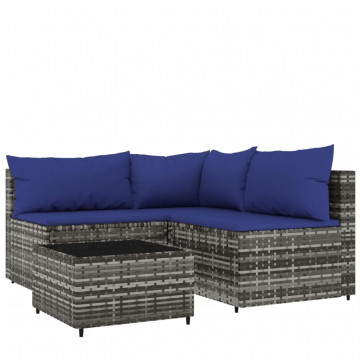 Set mobilier de grădină cu perne, 4 piese, gri, poliratan - Img 2