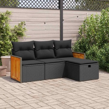 Set mobilier de grădină cu perne, 4 piese, negru, poliratan - Img 1
