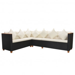 Set mobilier de grădină cu perne, 4 piese, negru, poliratan - Img 5