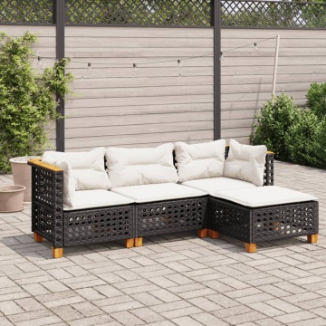 Set mobilier de grădină cu perne, 4 piese, negru, poliratan - Img 1