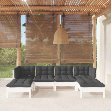 Set mobilier de grădină cu perne, 6 piese, alb, lemn de pin - Img 1