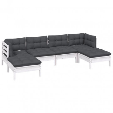 Set mobilier de grădină cu perne, 6 piese, alb, lemn de pin - Img 3