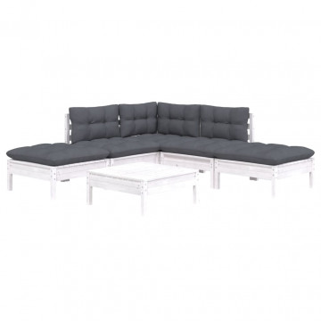 Set mobilier de grădină cu perne, 6 piese, alb, lemn de pin - Img 3