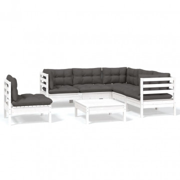 Set mobilier de grădină cu perne, 6 piese, alb, lemn de pin - Img 2