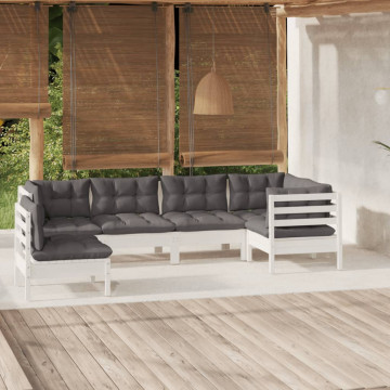 Set mobilier de grădină cu perne, 6 piese, alb, lemn de pin - Img 1