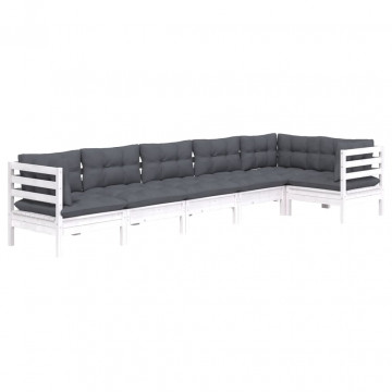 Set mobilier de grădină cu perne, 6 piese, alb, lemn de pin - Img 3